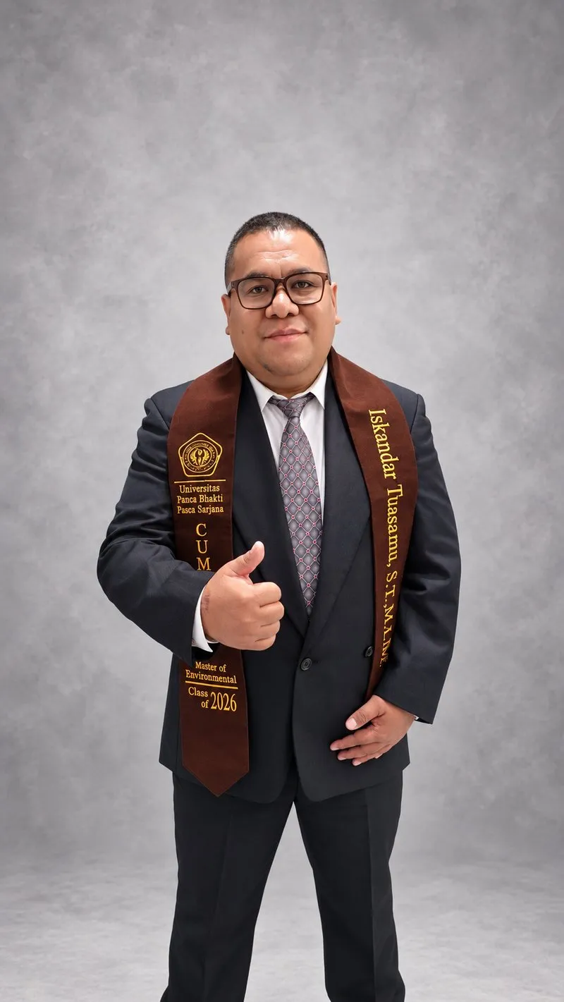 Iskandar Tuasamu saat wisuda Magister Pengelolaan Sumber Daya Alam dan Lingkungan, Universitas Panca Bhakti