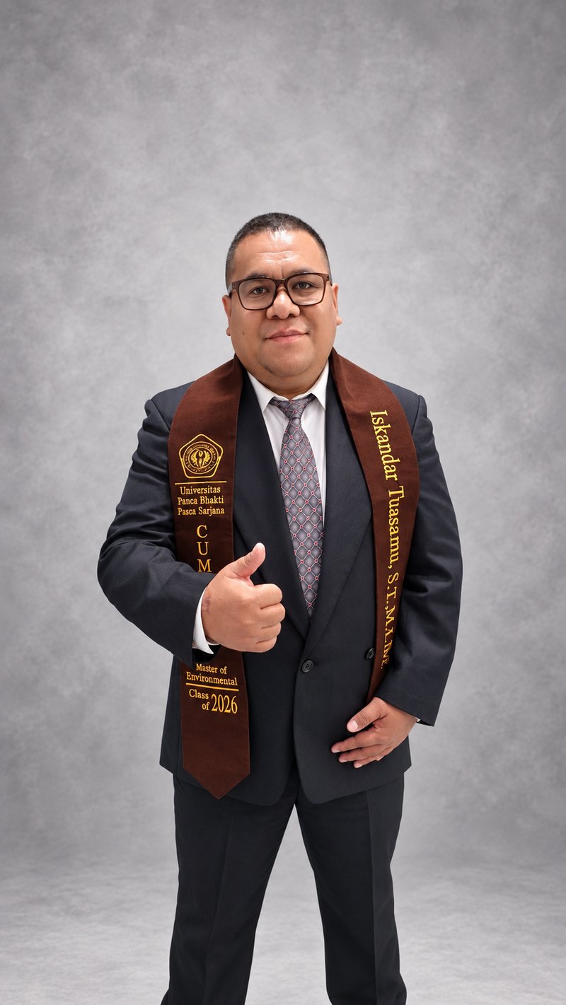 Iskandar Tuasamu saat wisuda Magister Pengelolaan Sumber Daya Alam dan Lingkungan, Universitas Panca Bhakti
